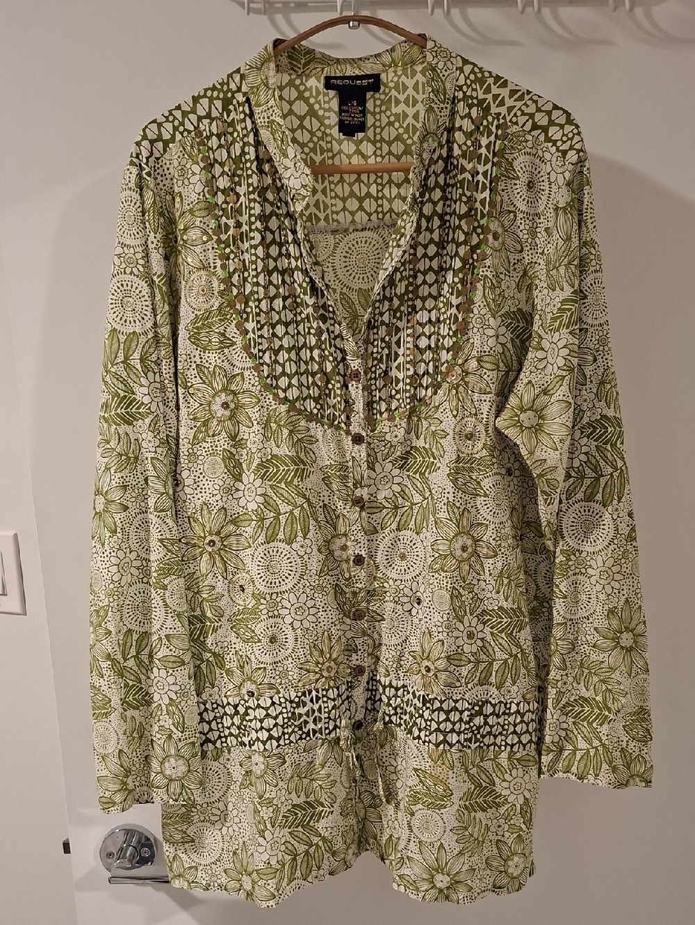 Boho Green & White Batik 100% Cotton Sequin Detail Collarless Tunic (Size L)